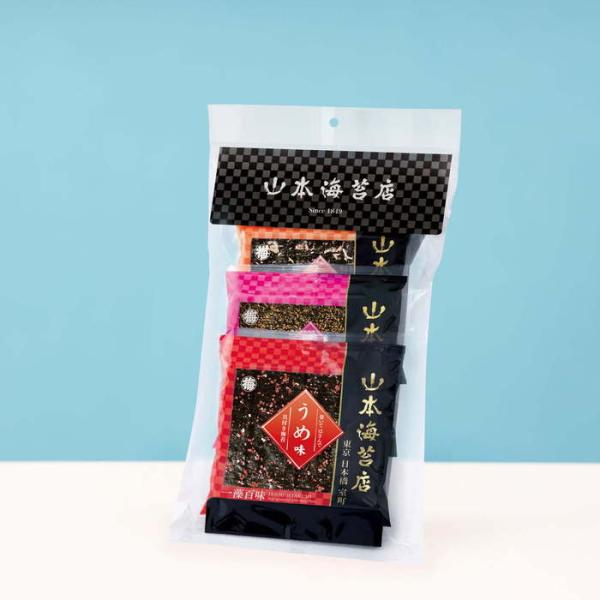 「一藻百味3袋詰合せ」は、各種1袋ずつ入っている人気詰合せ商品です。パリパリの海苔にザクザク食感の具材をまぶし、秘伝の味付けで仕上げました。おにぎりやお弁当のほか、野菜やチーズに巻いておつまみとしてもお召し上がりいただけます。