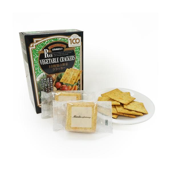 ※送料無料。(但し、北海道・沖縄・離島は除く)10種類の野菜（たまねぎ・赤ピーマン・パセリ・ごぼう・じゃがいも・かぼちゃ・モロヘイヤ・トマト・ほうれん草・にんじん）を練り込んだ健康志向クラッカー。香料・着色料を使用せずに焼き上げた、野菜本来...