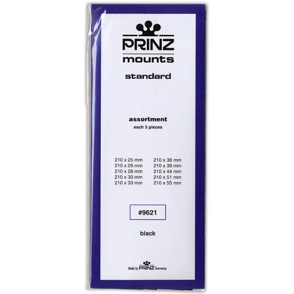 マウントは各種の台紙上に切手を自由な配置をするために使います。こちらはプリンツ社製「黒地」で使用頻度の高いサイズのマウント10種を各5枚集めたお徳用セットです。タテ25、26、28、30、33、36、39、44、51、55ミリ、のマウントが...
