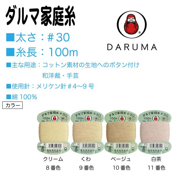コットン素材の生地へのボタン付け、一般補修用に最適な万能糸。美しい光沢と発色の良さが特徴で、毛羽が少ないのでとても滑りがよく縫いやすい手ぬい糸です。パッチワーク、フェルト手芸などのソーイングクラフトにも使用できます。□太さ：＃30□糸長：1...