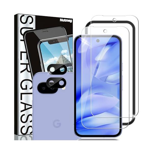 Nutmeg【ガイド枠付き 2＋2枚】Google Pixel 9a 用の ガラスフィルム 2枚 + Google Pixel 9a カメラフィルム 2枚【日本旭硝子素材製】Pixel 9a フィ