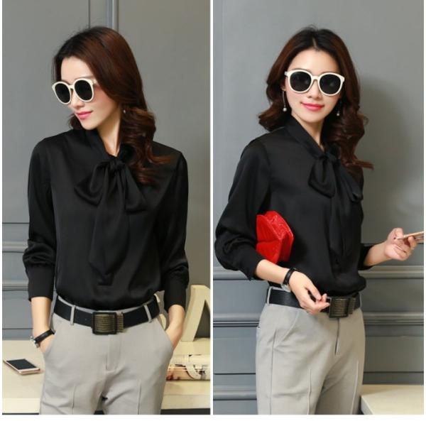 ブラウス レディース フォーマル オフィス ボウタイ 長袖 きれいめ シャツ 光沢感 春夏 :10114ba:Modele miroir