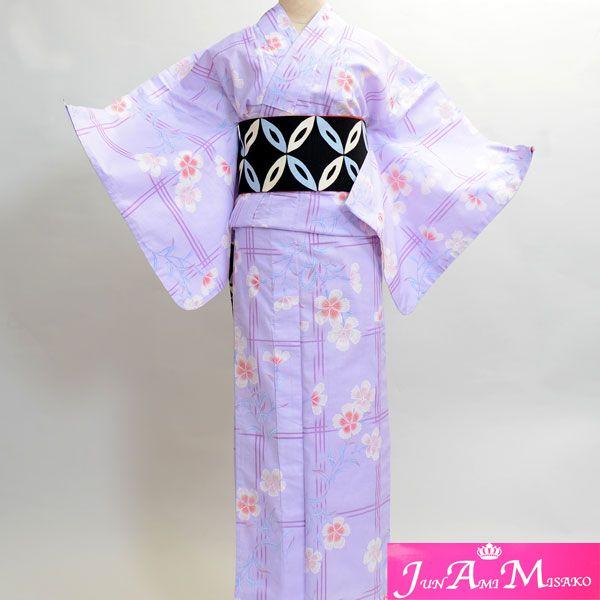 美品 綿絽 洗える着物“ようこそ！撫子の扇子が舞う海上のお祭りへ”浴衣 J-19 浴衣 単品 仕立て上がり 女性用 JunAmiMisako ジュンアミミサコ