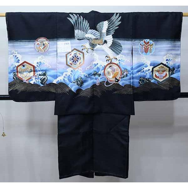 七五三 五歳 男児 羽織・着物・襦袢3点セット 豪華絢爛 黒地 鷹 5歳 五 