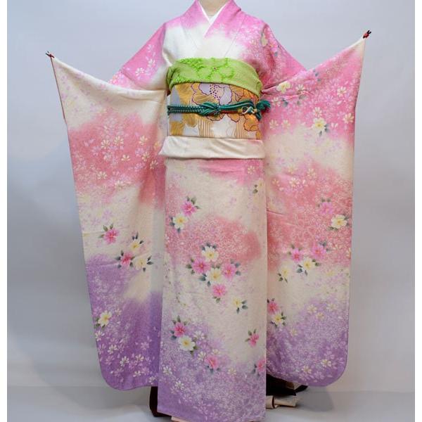 【正絹 小紋 着物 花柄 百花繚乱】 振袖 正絹 単品 仕立て上がり 百花繚乱 バラ リボン ピンク色 NO35954