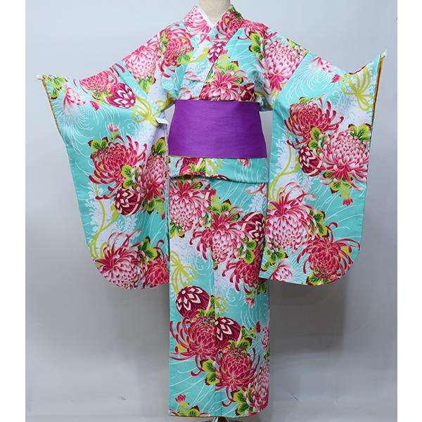 二尺袖着物 単品 仕立て上がり 乱菊 ミントグリーン NO31363-4 二尺袖着物 単品 仕立て上がり 合繊 百花斉放 乱菊 ミントグリーン