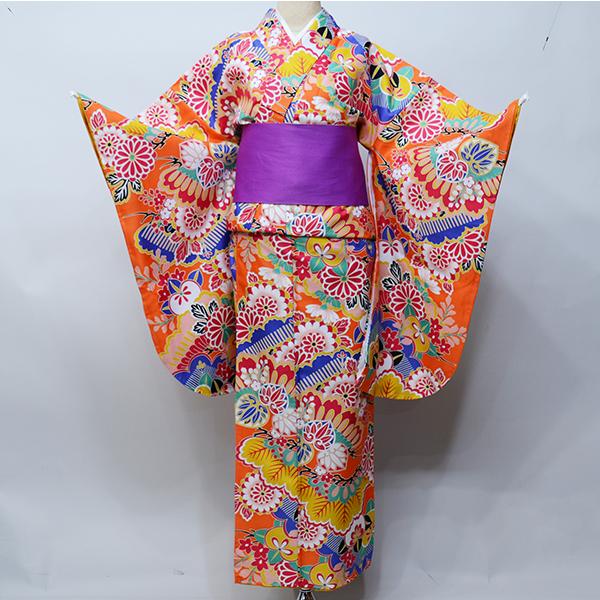 二尺袖着物 単品 仕立て上がり 合繊 百花斉放 オレンジ NO31397-4 二尺袖着物 単品 仕立て上がり 合繊 百花斉放 オレンジ色 卒業式 新品