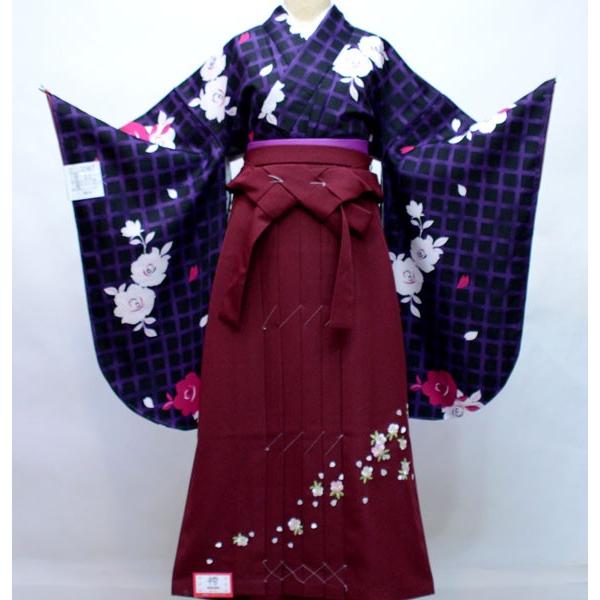 二尺袖 着物 袴フルセット ジュニア用へ直し135cm〜143cm 黒地×紫 袴 