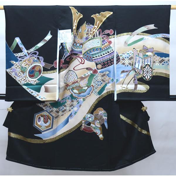 お宮参り 産着 男児 男の子 正絹 のしめ 金刺繍 黒地 綸子地 祝着 兜 