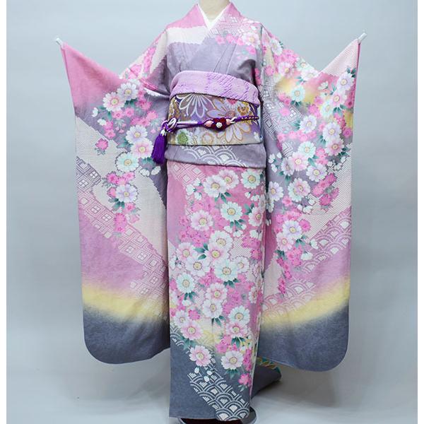 振袖 正絹 着物単品 仕立て上がり 百花繚乱 絞り入り ピンク×グレー 