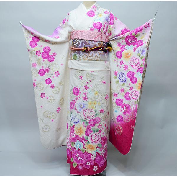 振袖 正絹 着物単品 仕立て上がり 百花繚乱 花刺繍 ラメ入り 白×ピンク 