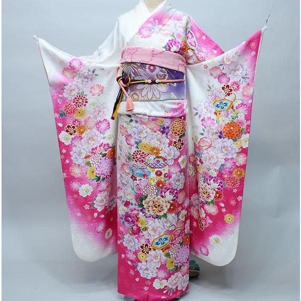 振袖 正絹 着物単品 仕立て上がり 百花繚乱 白×ピンク 成人式 結納 
