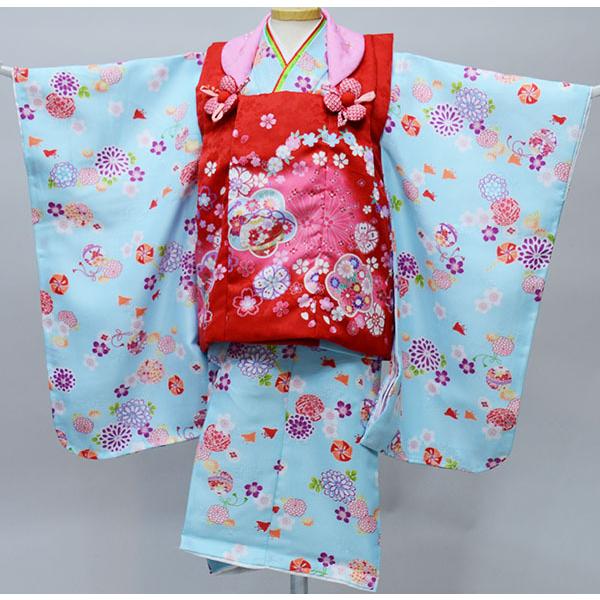 七五三 三歳 女児 被布着物フルセット 百花繚乱 水色×赤色 お仕立て無料 七五三 三歳 女児 女の子 被布着物フルセット 百花繚乱 水色×赤色 3歳