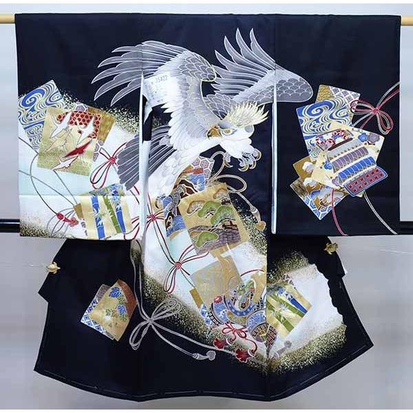 お宮参り 産着 のしめ 男児 男の子 正絹 着物 金刺繍 鷹 兜 黒地 