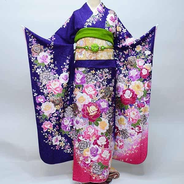 振袖 正絹 着物 単品 仕立て上がり 百花繚乱 ラメ入り バラ刺繍 洋花 