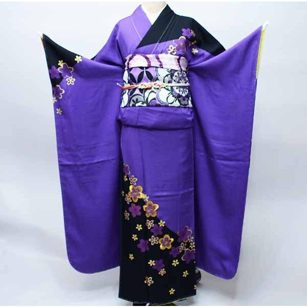 振袖 正絹 着物 単品 仕立て上がり 桜金刺繍 箔 紫 黒 成人式 振袖 正絹 着物 単品 仕立て上がり 桜金刺繍 箔 紫 黒 成人式