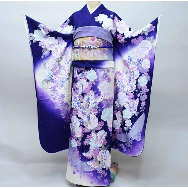 振袖 正絹 着物 単品 仕立て上がり 蝶にバラ 紫色 白ぼかし 成人式