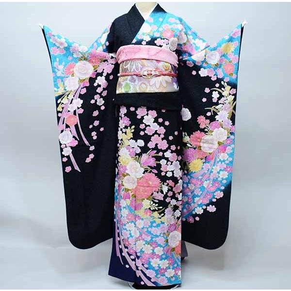 振袖 正絹 着物 単品 仕立て上がり 百花繚乱 ラメ入り まり 牡丹に桜 
