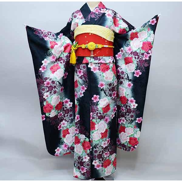 振袖 着物 単品 合繊 仕立て上がり 大柄 黒色×ピンク×赤色 踏み出す 小 