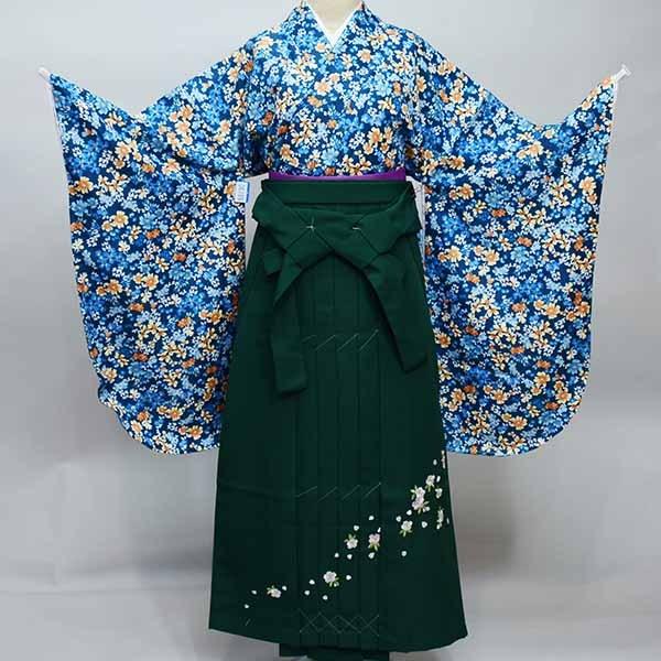 二尺袖 着物 袴 フルセット 百花繚乱 着物丈はショート丈 青系 袴変更 