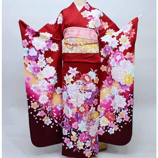 アンティーク百花繚乱☆紫の着物と作り帯のセット 振袖 正絹 着物 単品 仕立て上がり 百花繚乱 花びらにラメ 濃赤