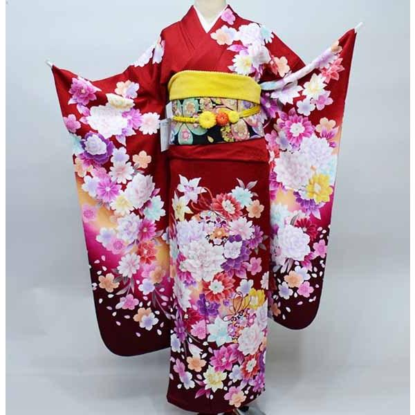 振袖 正絹 着物 単品 仕立て上がり 百花繚乱 牡丹 毬 リボン 濃赤 