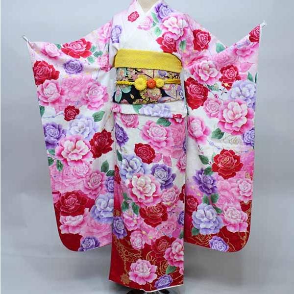 振袖 正絹 着物 単品 仕立て上がり 百花繚乱 バラ 牡丹 花刺繍 スワロ 