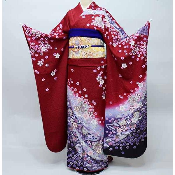 振袖 正絹 着物 単品 仕立て上がり 百花繚乱 ラメ 梅の花 蝶々 赤色 