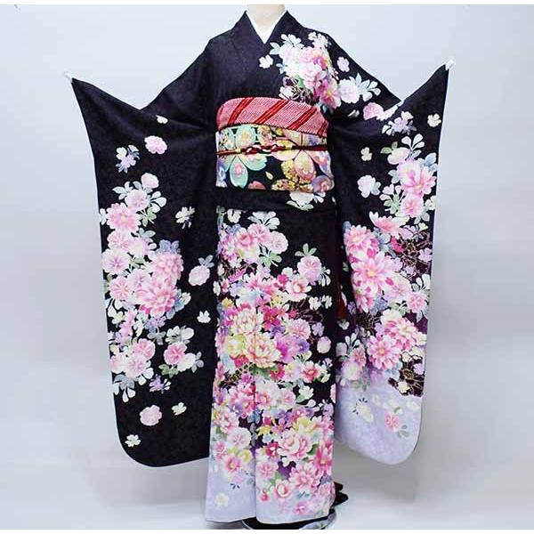 振袖 正絹 着物 単品 仕立て上がり 百花繚乱 ラメ 黒に近い紫色 成人式 