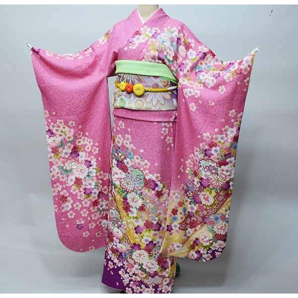 振袖 正絹 着物 単品 仕立て上がり 百花繚乱 菊 花刺繍 ピンク色 成人 