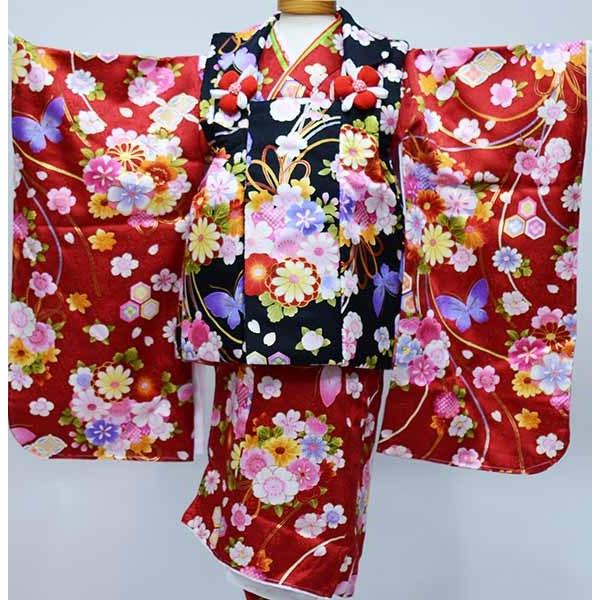 七五三 三歳 女児 被布着物フルセット 正絹 花ひめ 赤×黒 半衿伊達衿