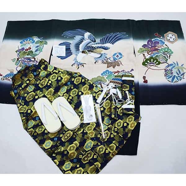 七五三 五歳 男児 正絹 羽織袴フルセット 深緑 手染 袴変更可 NO37095