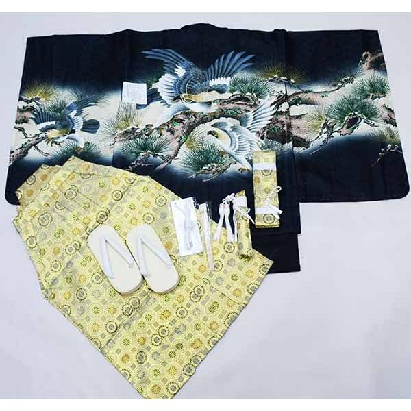 七五三 五歳 男児 羽織袴フルセット 着物 金刺繍 黒地 鷹 袴変更可能