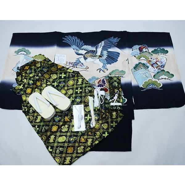 七五三 五歳 男児 羽織袴フルセット 着物 黒地 鷹 袴変更可能 NO36998