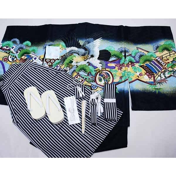 七五三 五歳 男児 羽織袴フルセット 金刺繍 青地 鷹 袴変更可 NO37126