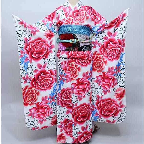 振袖 着物単品 合繊100% 仕立て上がり 薔薇 白地 新品（株）安田屋 