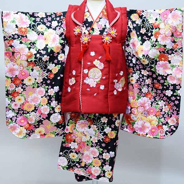 七五三 三歳 女児 被布着物フルセット 被布に刺繍入り 伊達襟付き 合繊 