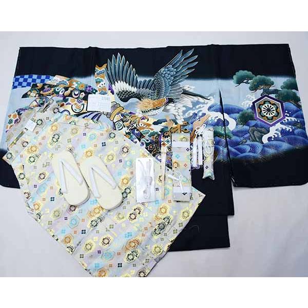 七五三 五歳 男児 羽織袴フルセット 着物 黒地 鷹 袴変更可能 祝着 