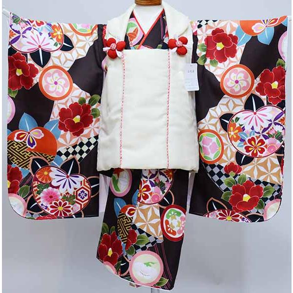 七五三 三歳 女児 被布着物フルセット 焦げ茶 椿 祝着 お仕立て無料 七五三 三歳 女児 被布着物フルセット 焦げ茶 椿 祝着 三才 3才 3歳