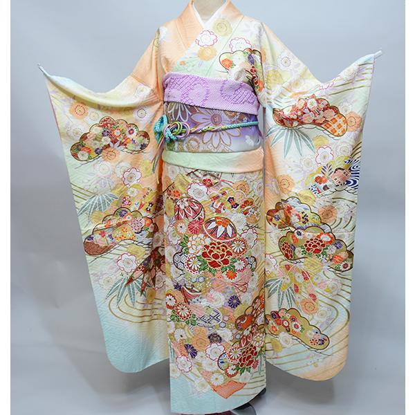 振袖 正絹 着物単品 仕立て上がり 百花繚乱 サーモンピンク×黄色×黄緑 