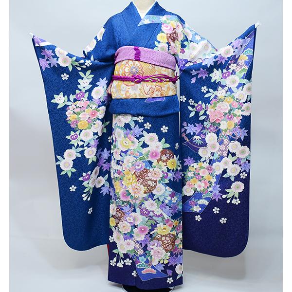 振袖 正絹 着物単品 仕立て上がり 百花繚乱 金駒刺繍 ラメ 牡丹 菊 青 