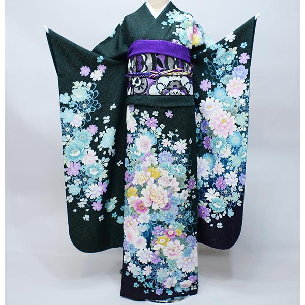 振袖 正絹 着物単品 仕立て上がり 百花繚乱 ラメ 金駒刺繍 牡丹 深緑地 