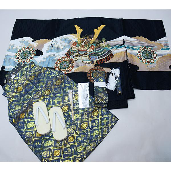 七五三 五歳 男児 羽織袴フルセット 着物 黒地 兜 袴変更可能 祝着