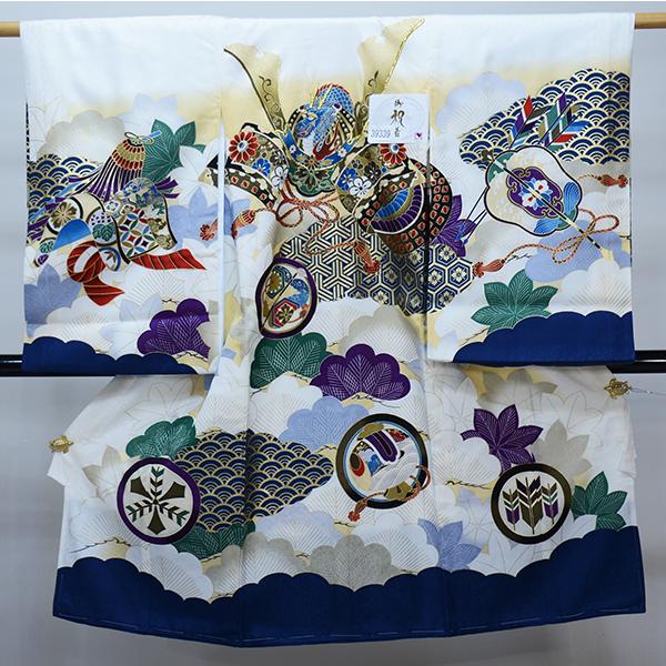 お宮参り 産着 のしめ 男児 正絹 着物 綸子地 豪華絢爛 金刺繍 兜 白地 