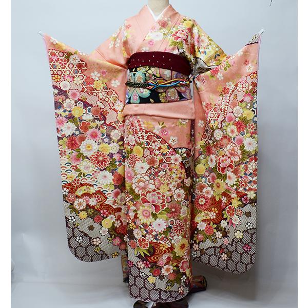 振袖 正絹 着物 単品 仕立て上がり 百花繚乱 金刺繍 箔置 サーモン 