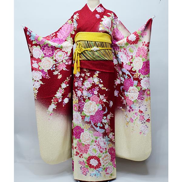 振袖 正絹 着物 単品 仕立て上がり 百花繚乱 ラメ 刺繍 赤色 成人式