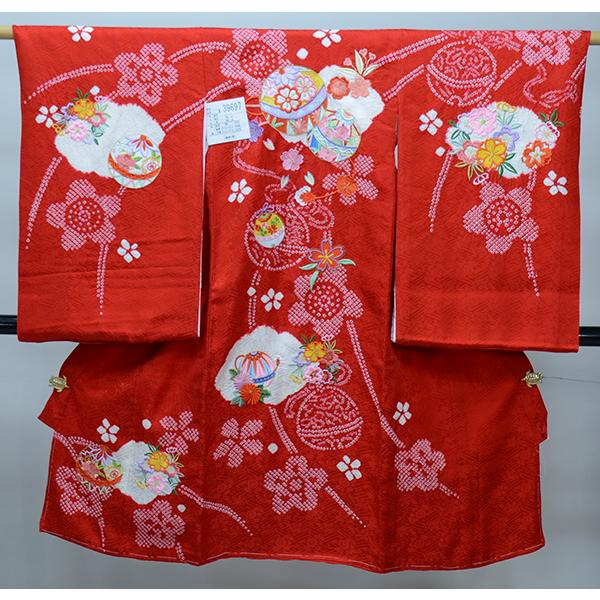 お宮参り産着 正絹 のしめ 女児 着物 高級 絞り 総刺繍 綸子地 赤地 毬 