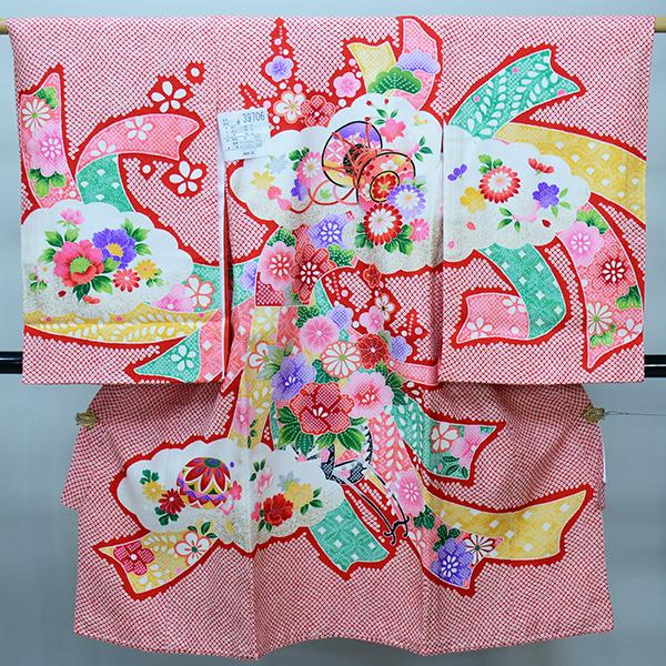 お宮参り産着 女児 女の子 正絹 のしめ 鹿の子柄 赤色 鼓 祝着 初着 