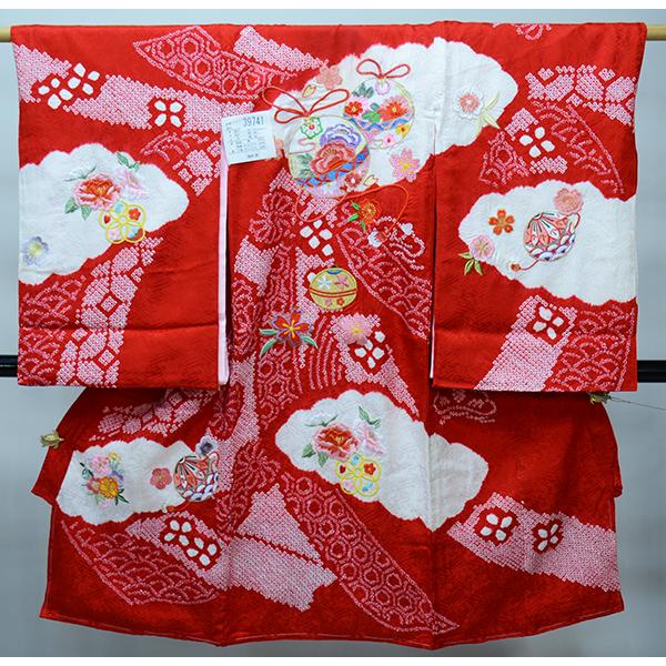 お宮参り産着 正絹 のしめ 女児 着物 高級 絞り 総刺繍 綸子地 赤地 鈴 
