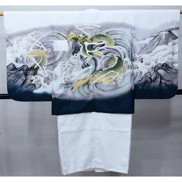 七五三 五歳 男児 羽織・着物・襦袢3点セット 金刺繍 綸子地 白地 龍 